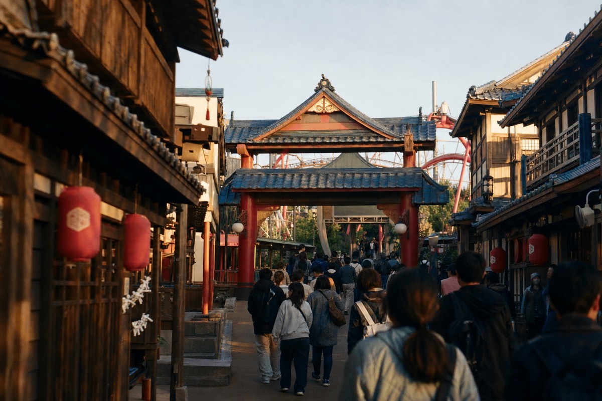Japanese-style themed village street inside a Japanese amusement park, wooden facades and lanterns