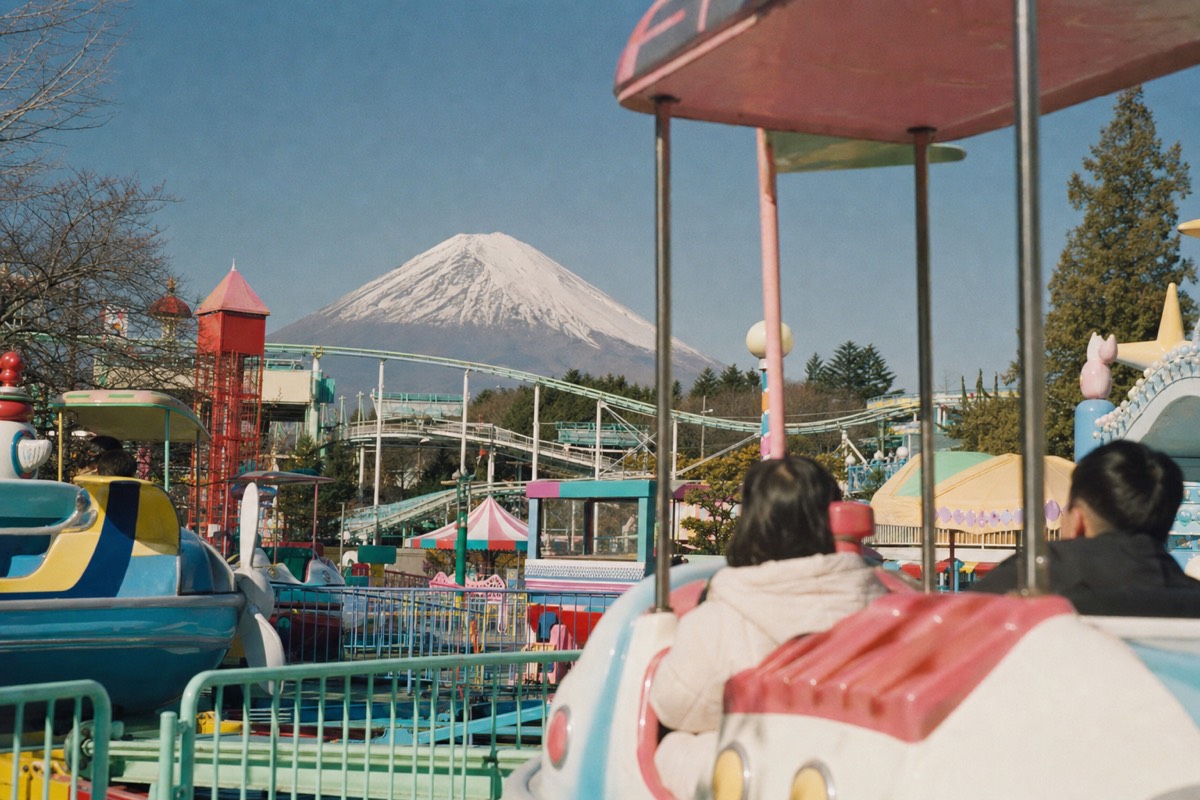 Colorful family ride area of a Japanese amusement park with Mount Fuji in the background