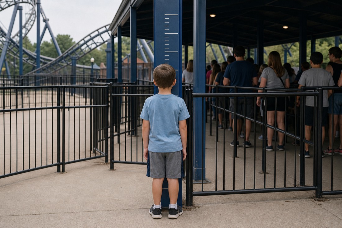 Child standing against a fixed height-check pole at a roller coaster queue entrance